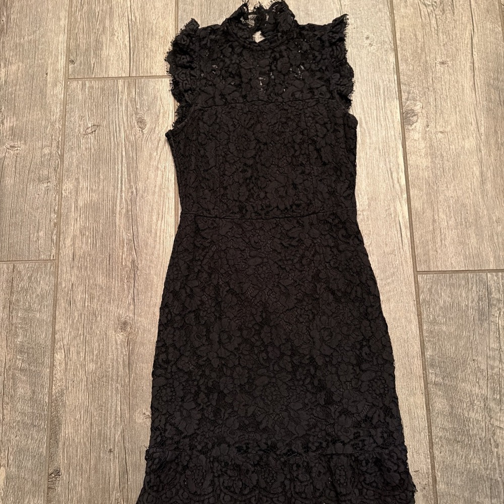 Womens Black Floral Lace Dress Small High Neck Ruffle Sleeveless Cocktail 0014